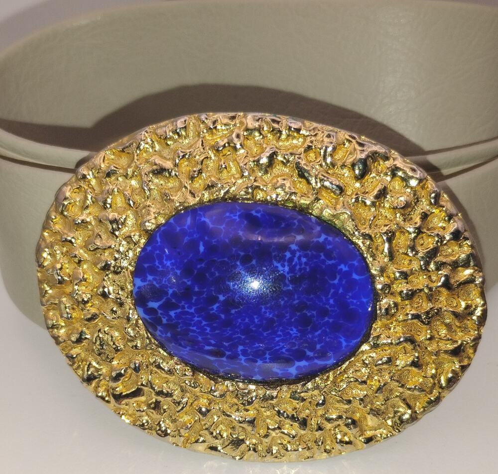 Mimi di N 1983 Signed Vintage Gray Leather Belt Blue Cabochon Gold Tone 32" Rare